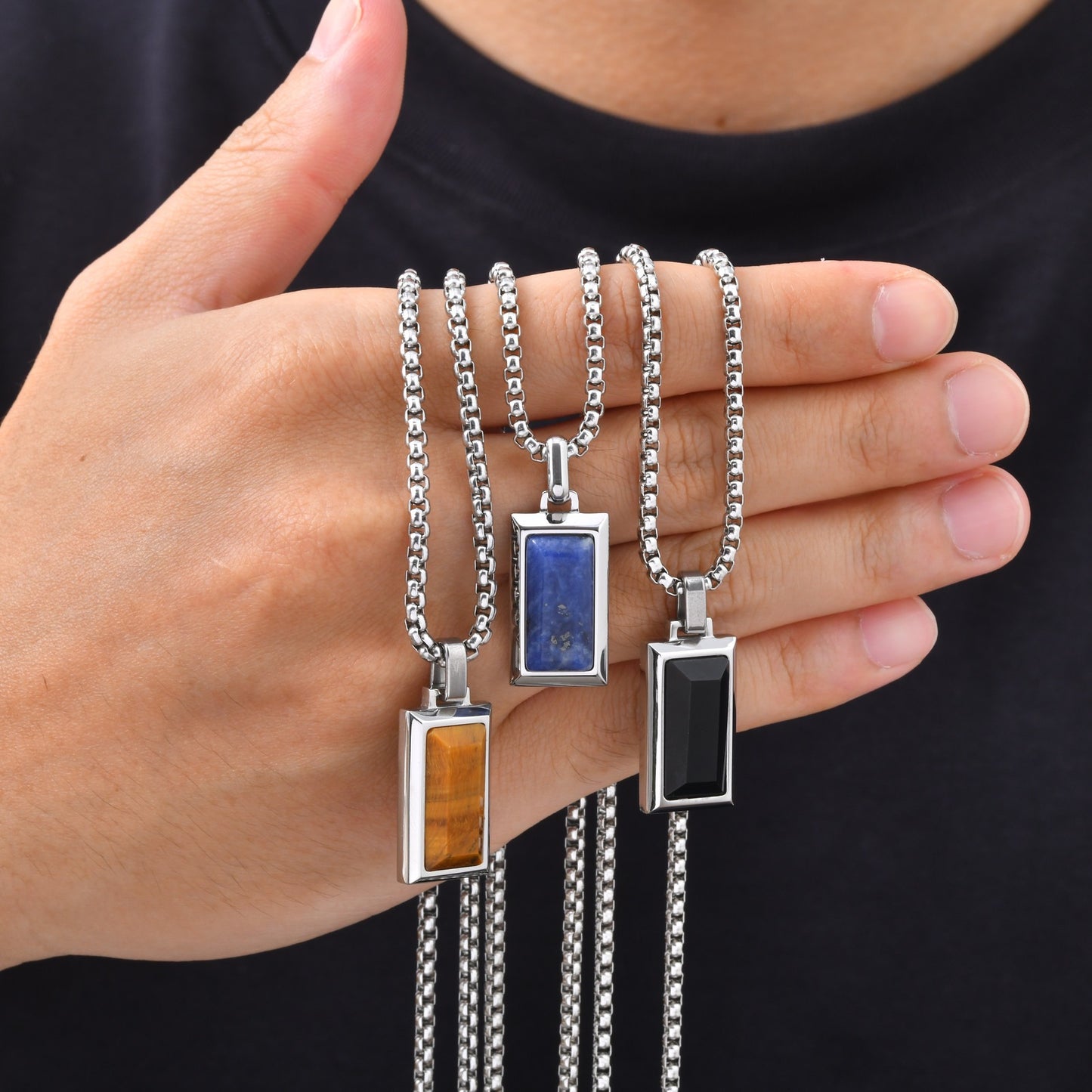 Kemston Rectangular Black Agate Pendant Necklace for Men Stainless Steel Vintage PN2379