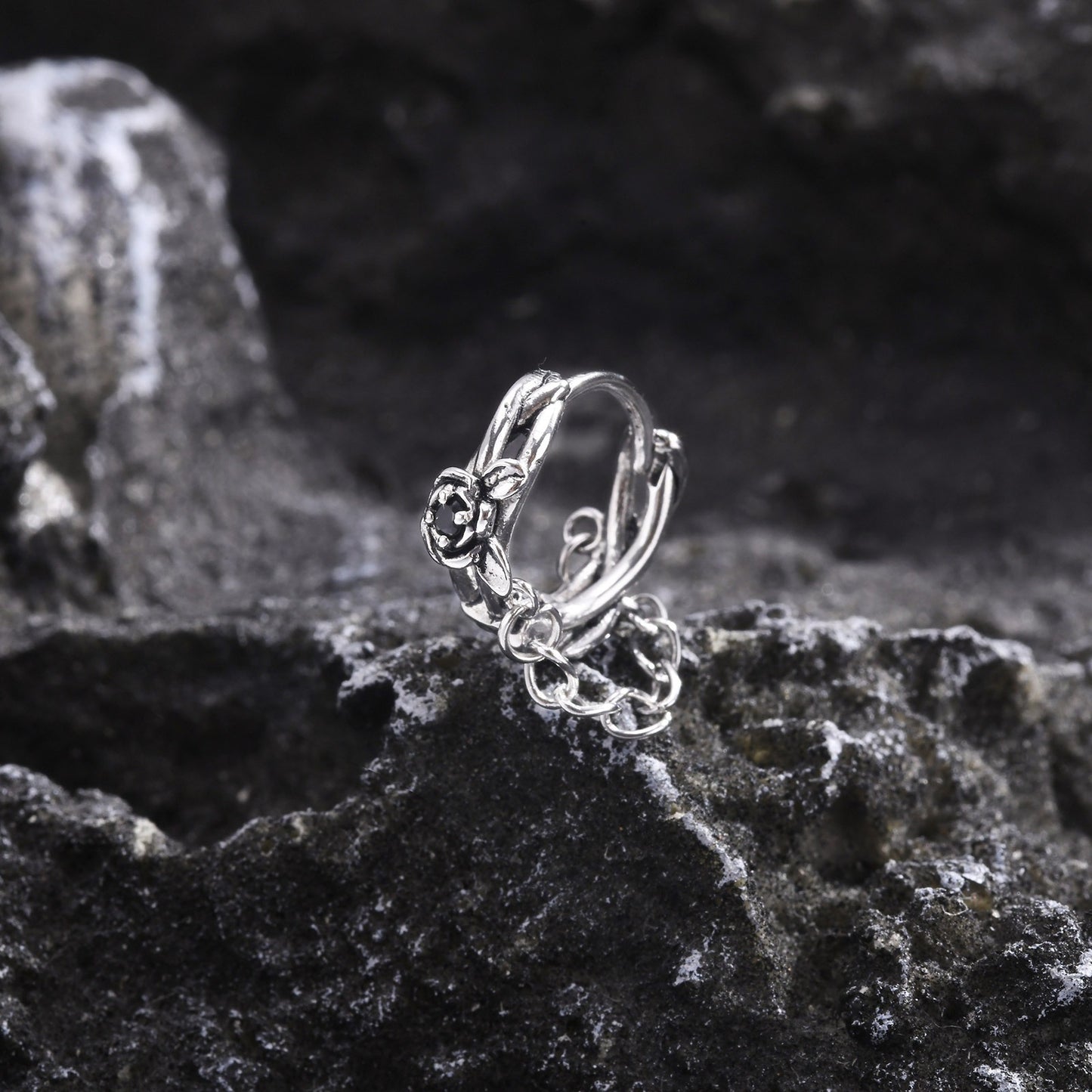 Kemstone Stainless Steel Rose Chain Hoop Earring – Black Cubic Zirconia Detail for Men EH-686