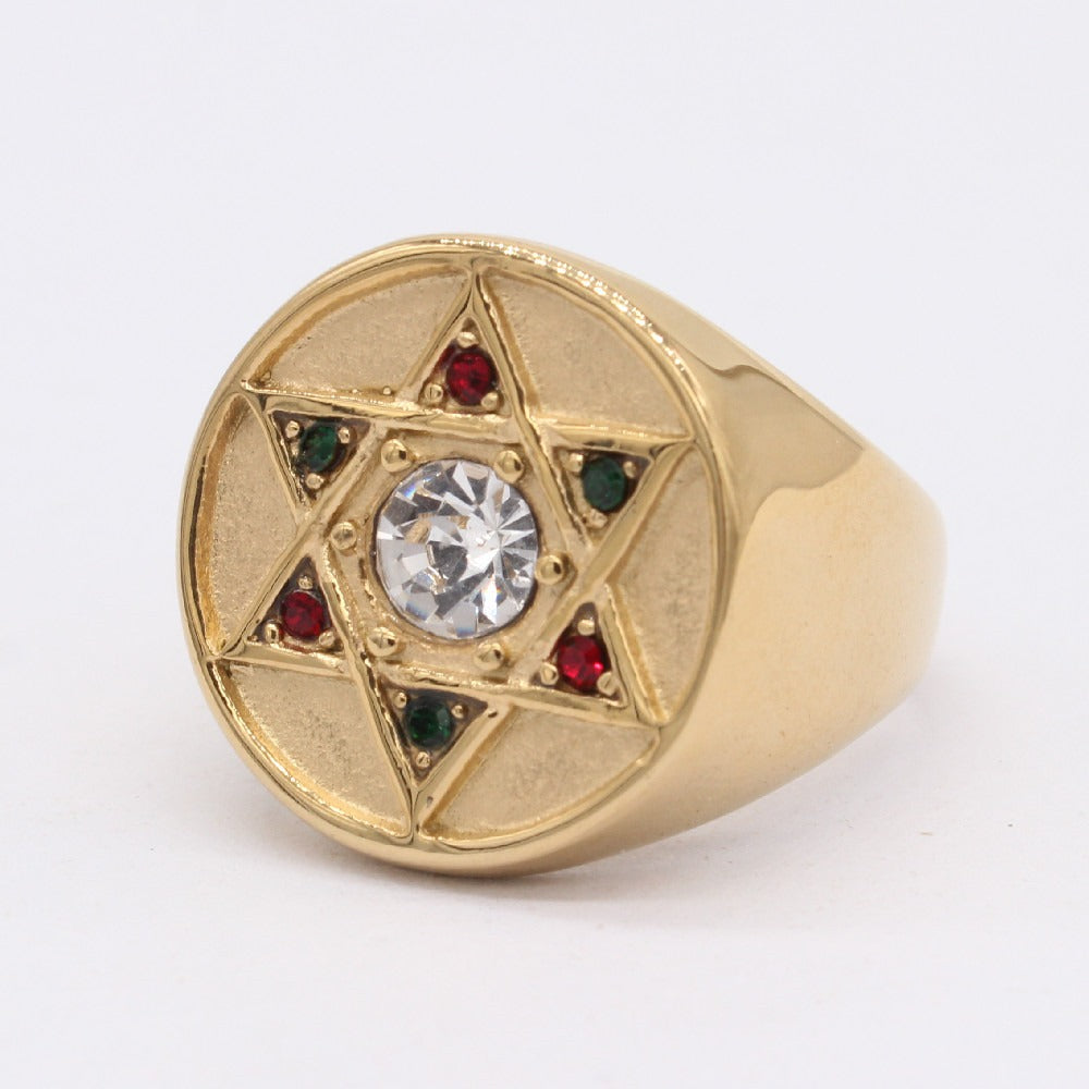 Kemston Titanium Steel Six Point Star Signet Ring for Men R1484