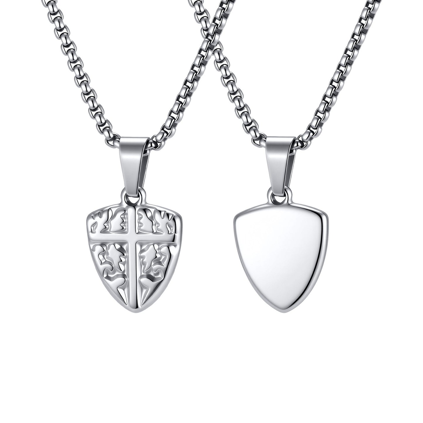Kemston Stainless Steel Shield Cross Pendant Necklace for Men Carved Design PN-2425