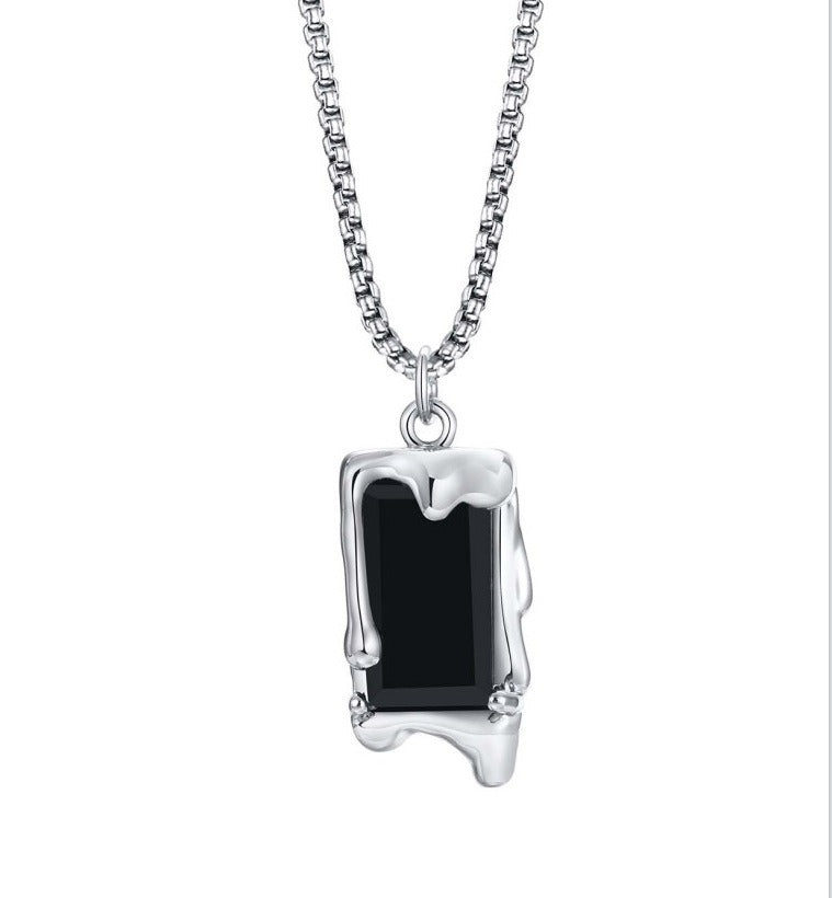 Kemstone Men’s Silver Geometric Pendant Necklace with Black Enamel PNB-192