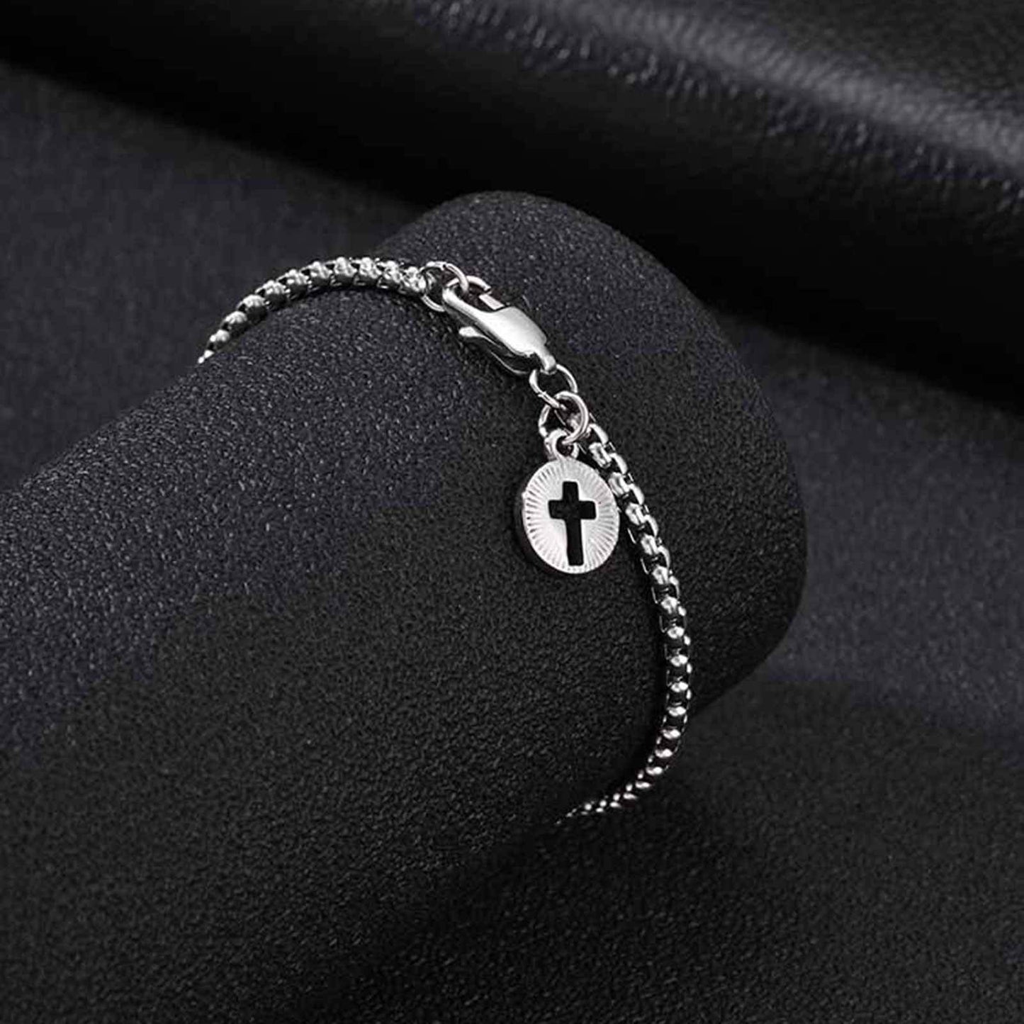 Kemston Stainless Steel Cross Charm Bracelet for Men Silver Round Tag BR-3102