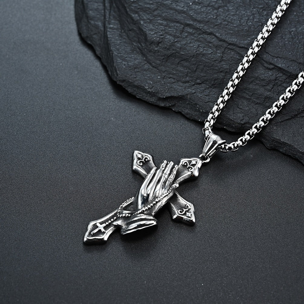 Kemstone Praying Hands Cross Pendant Necklace for Men Stainless Steel Vintage K-PT254