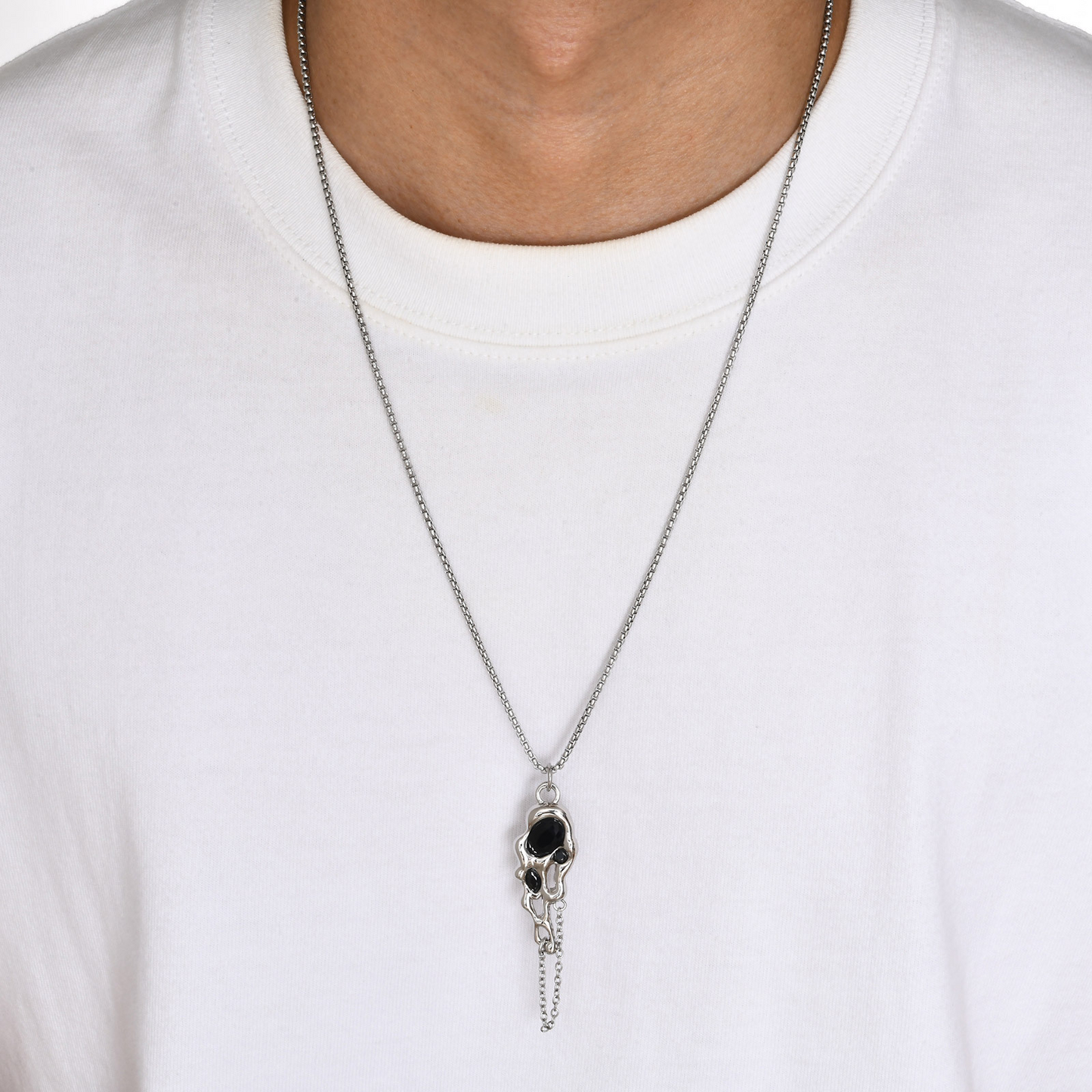 Kemstone Men’s Silver Geometric Pendant Necklace with Black Enamel PNB-192