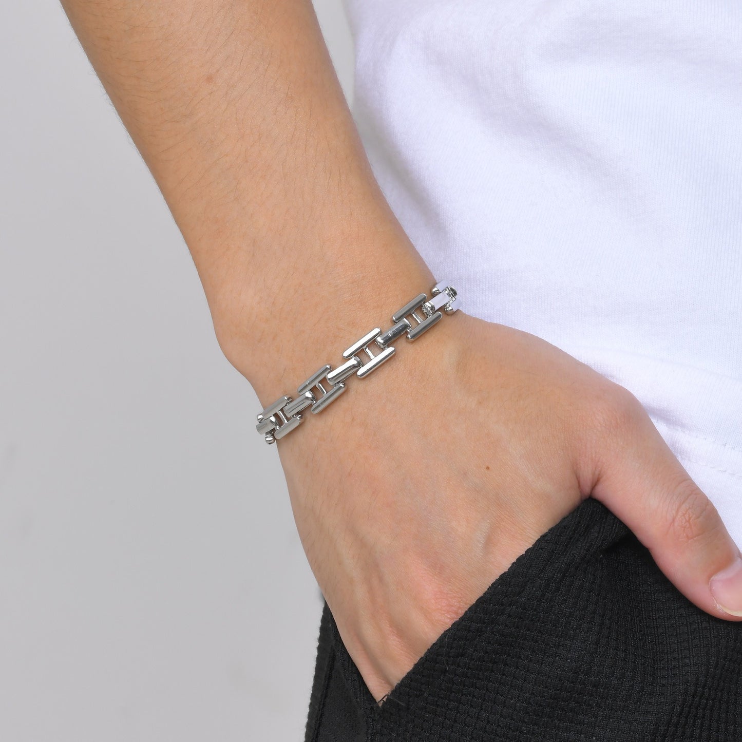 Kemston Stainless Steel H Link Bracelet for Men Silver Chain BR-1981