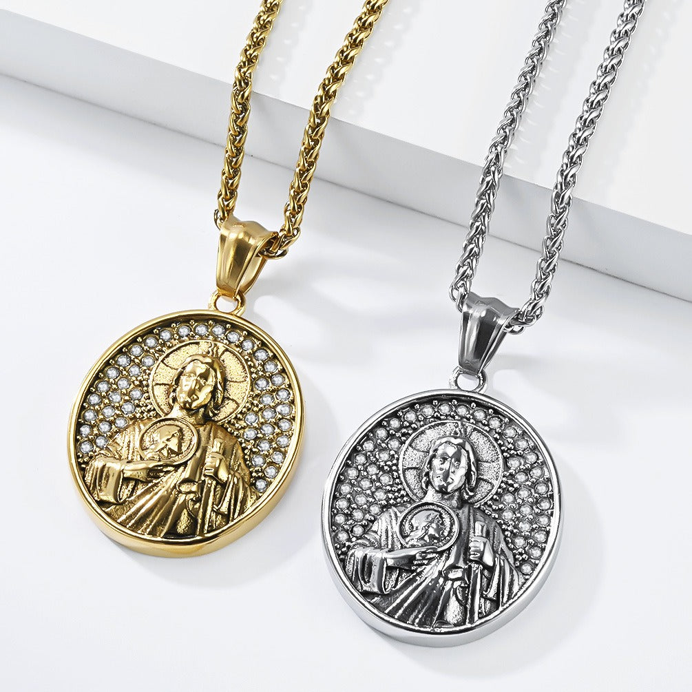 Kemston Stainless Steel Portrait Pendant Necklace for Men Vintage Medallion Style K-PT731