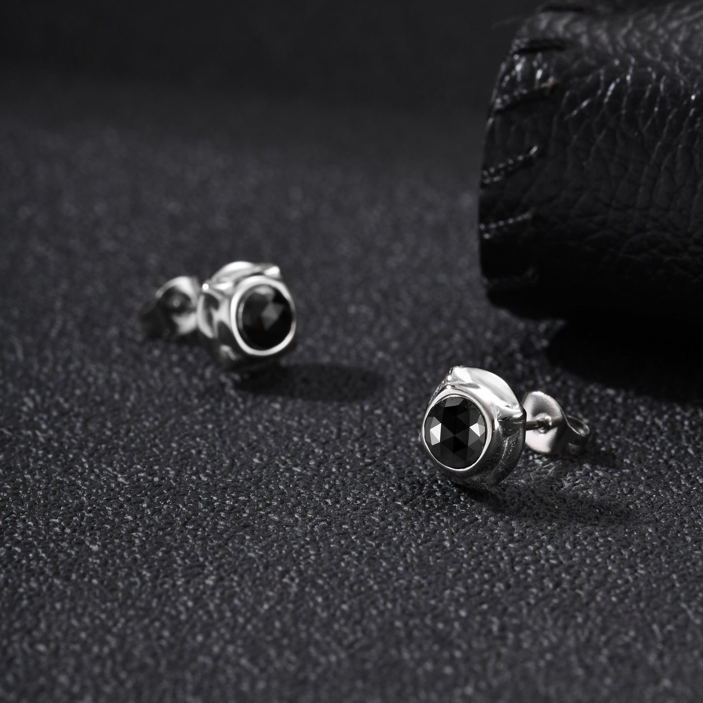 Kemston Stainless Steel Black Cubic Zirconia Stud Earrings for Men Geometric Detail ES-836