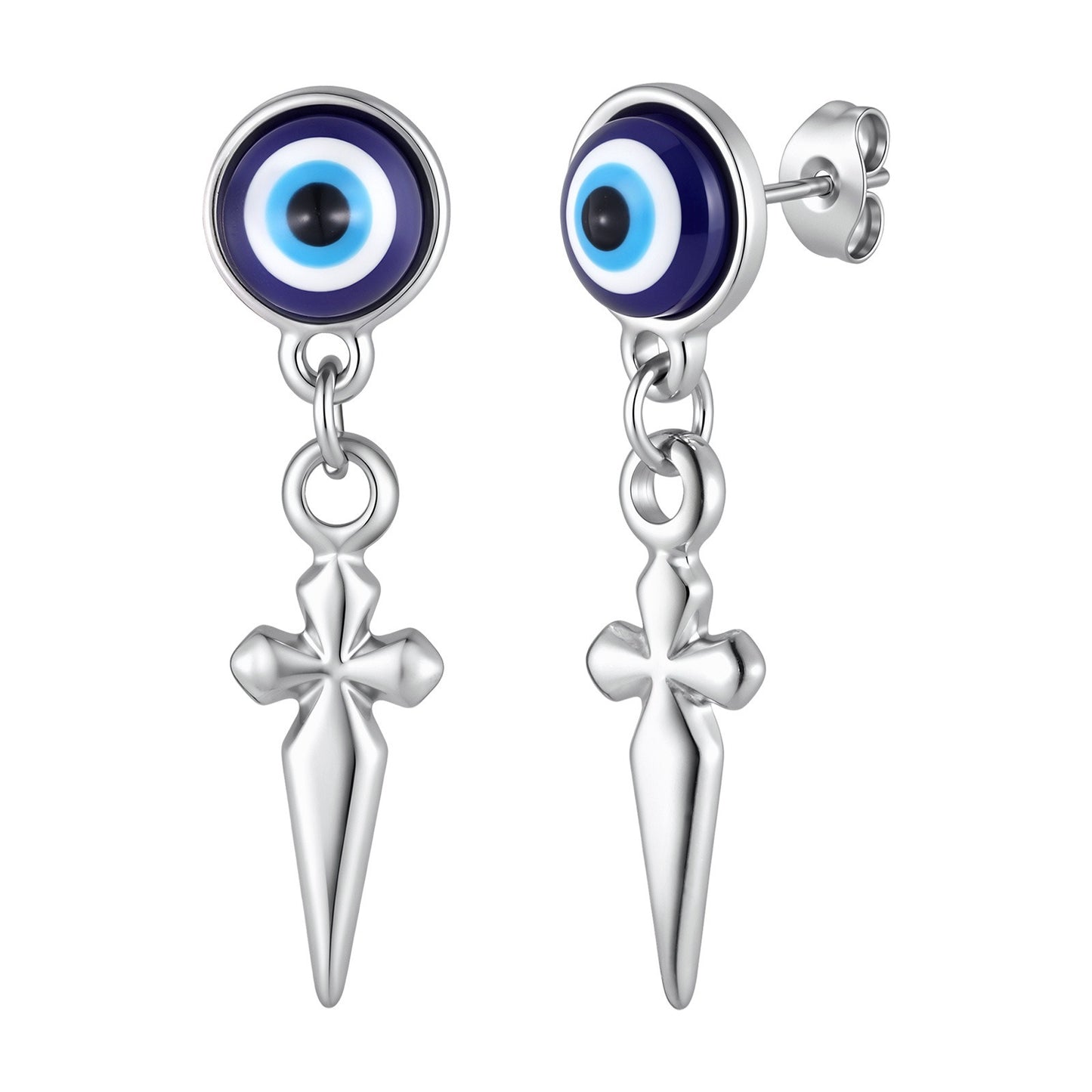 Kemston Blue Eye Cross Drop Earring for Men Stainless Steel Gothic ED-1099