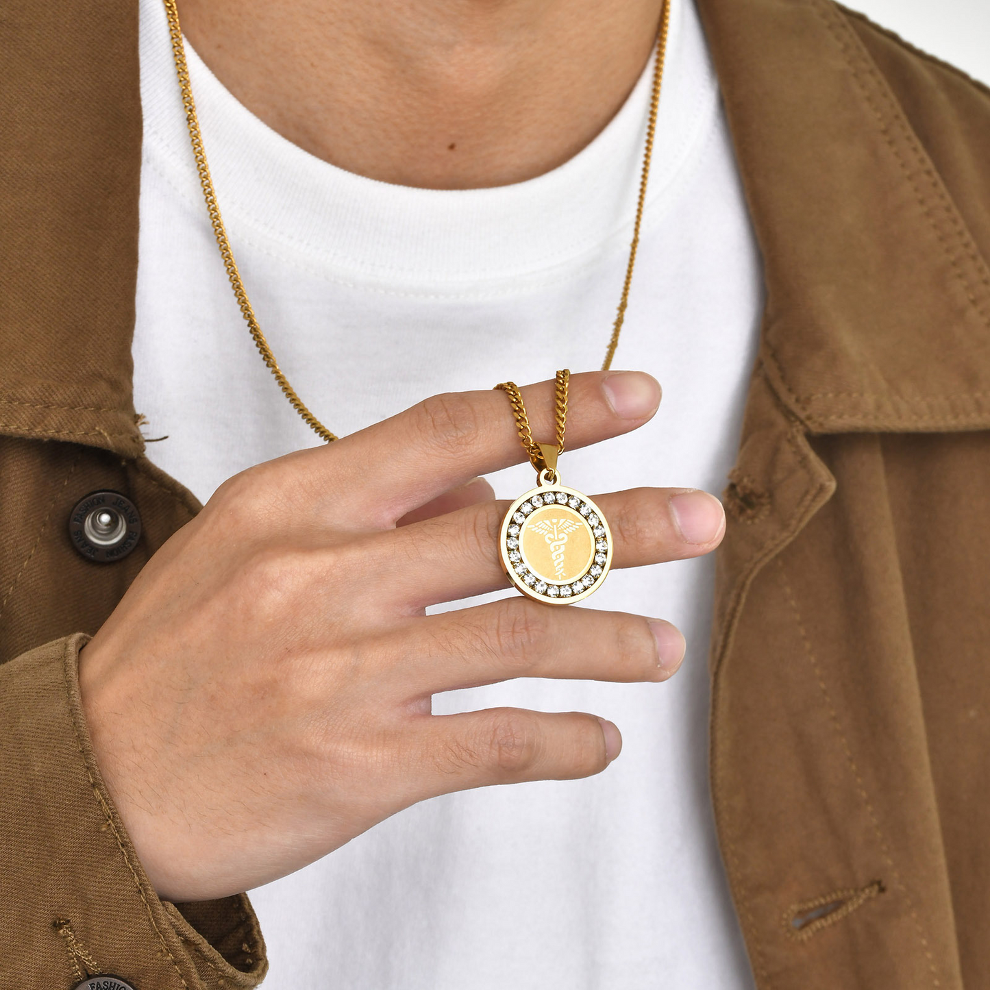 Kemstone Men’s Stainless Steel Caduceus Pendant Necklace – Gold & Silver PN-619