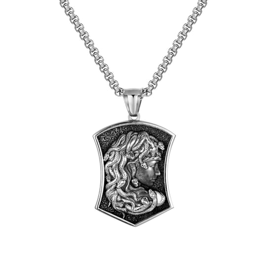Kemstone Men’s Stainless Steel Medusa Pendant Necklace – Dark Relief Design PN-2021