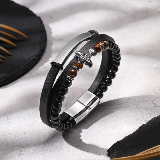 Kemstone Men’s Stainless Steel Viking Bracelet – Triple-Layer Leather with Agate & Tiger Eye BL-734