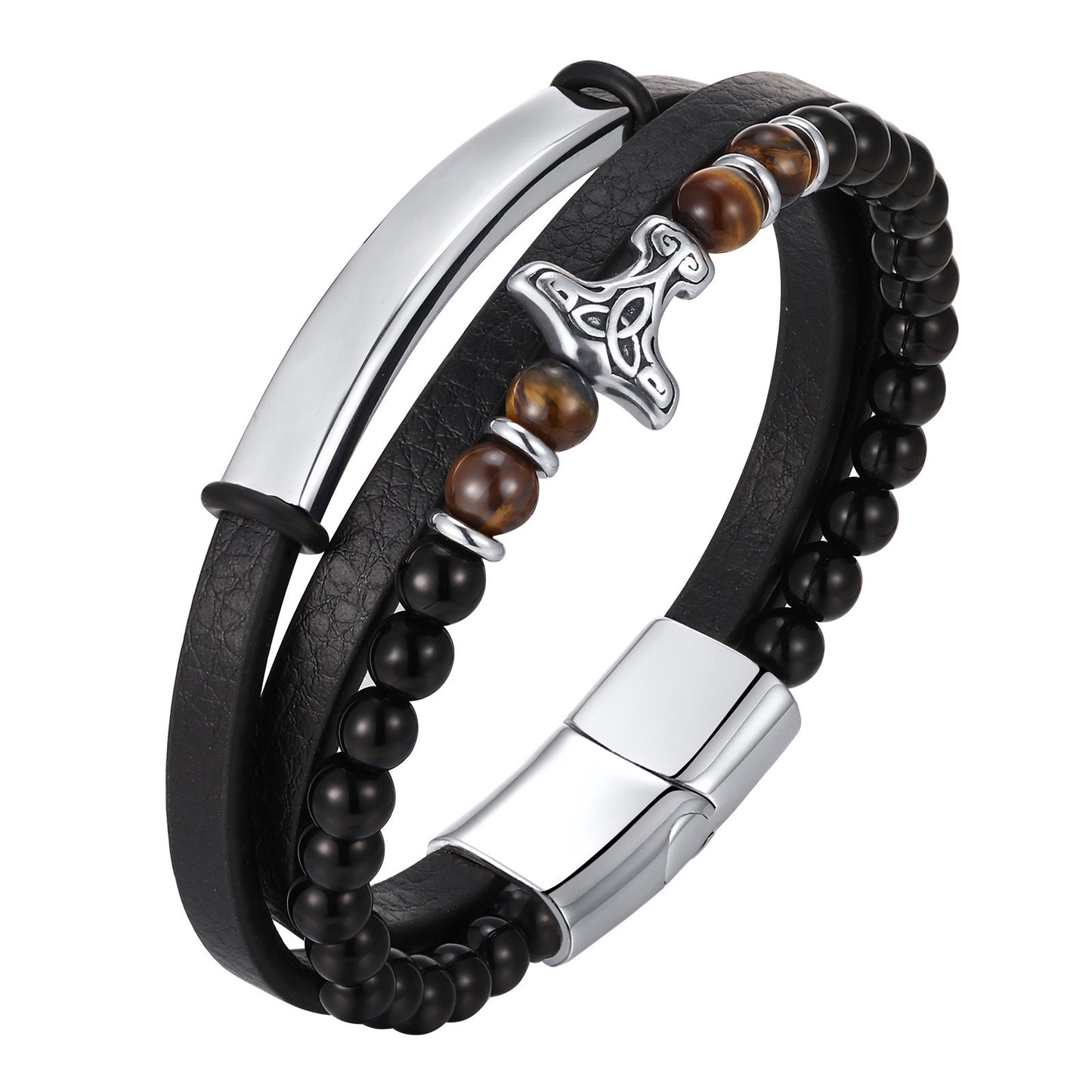 Kemstone Men’s Stainless Steel Viking Bracelet – Triple-Layer Leather with Agate & Tiger Eye BL-734