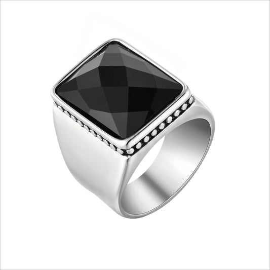 Kemstone Men’s Stainless Steel Ring – Faceted Black Glass Square Signet RC-923