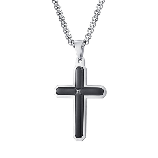 Kemstone Stainless Steel Cross Pendant Necklace for Men – Black Inlay with Cubic Zirconia PN2098