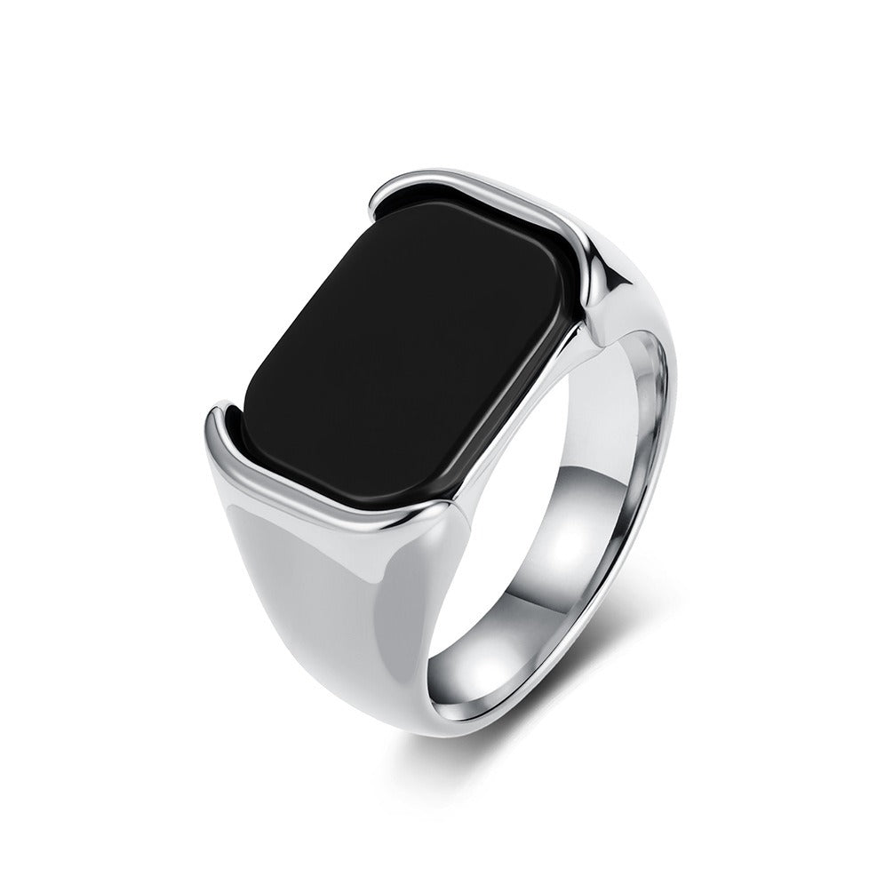 Kemstone Men’s Stainless Steel Black Onyx Ring – Rectangular Signet Band K-R1075