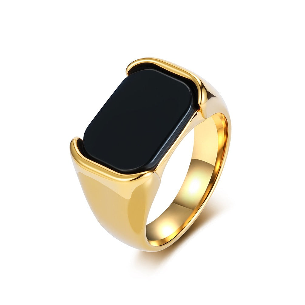 Kemstone Men’s Stainless Steel Black Onyx Ring – Rectangular Signet Band K-R1075