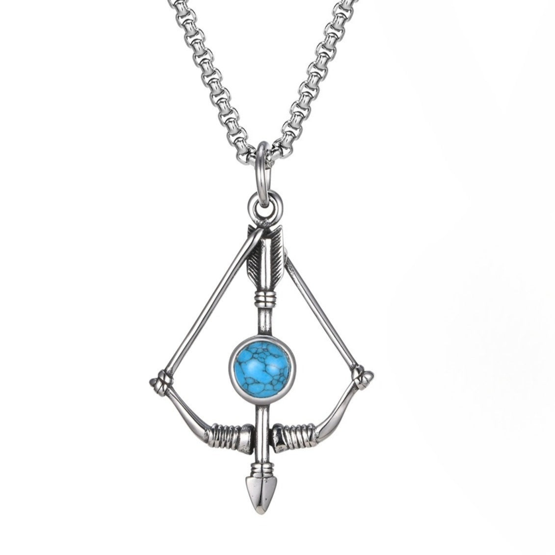 Kemstone Men’s Stainless Steel Necklace – Bow-and-Arrow Turquoise Pendant PN-2053