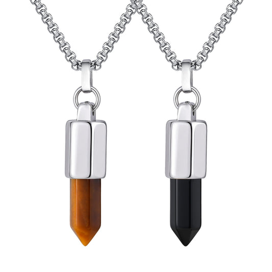 Kemstone Men’s Stainless Steel Bullet Pendant Necklace – Tiger Eye & Black Agate Minimalist Jewelry PN-2227