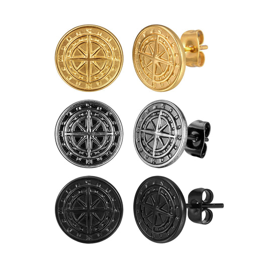 Kemstone Men’s Stainless Steel Compass Stud Earrings – Vintage Hip Hop Gold Silver Black ES-505