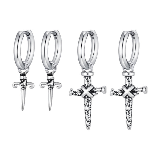 Kemstone Men’s Stainless Steel Cross Dagger Hoop Earrings – Punk Gothic Biker Jewelry ED768