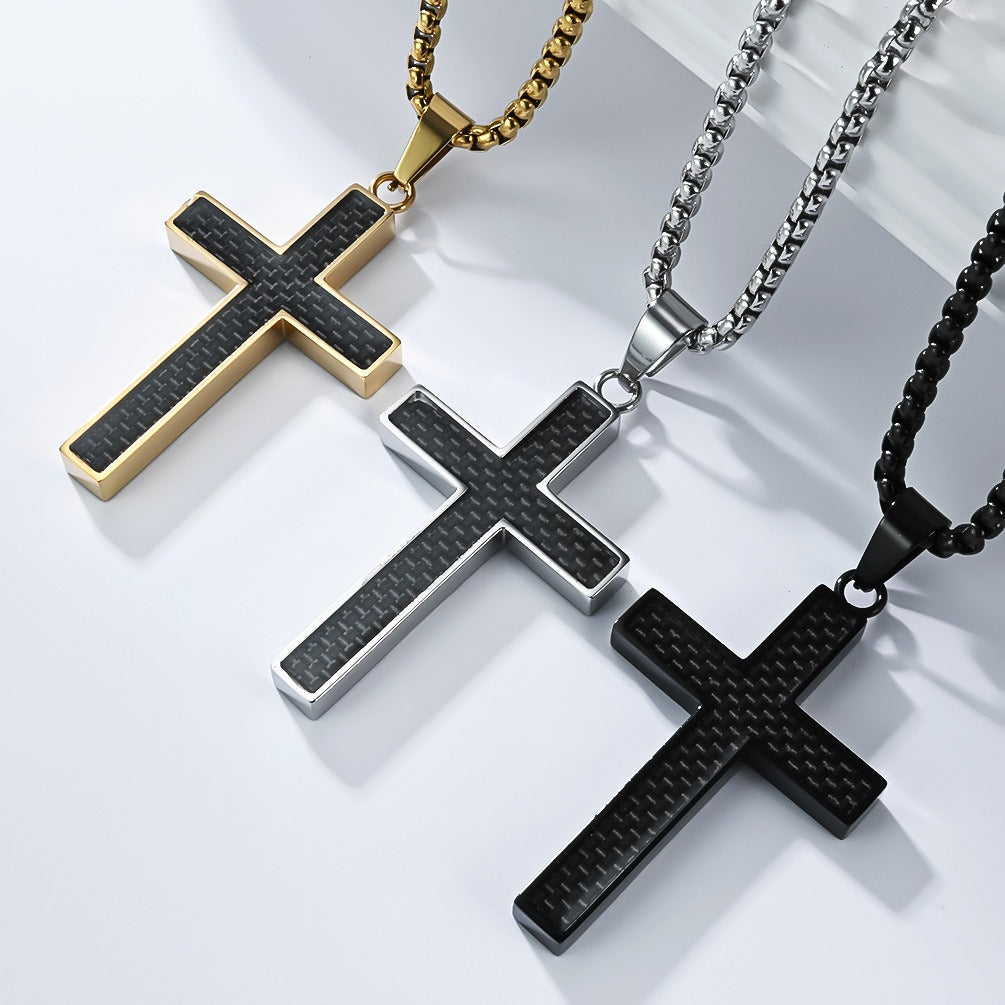 Kemstone Stainless Steel Cross Necklace for Men – Carbon Fiber Inlay Pendant K-PT666