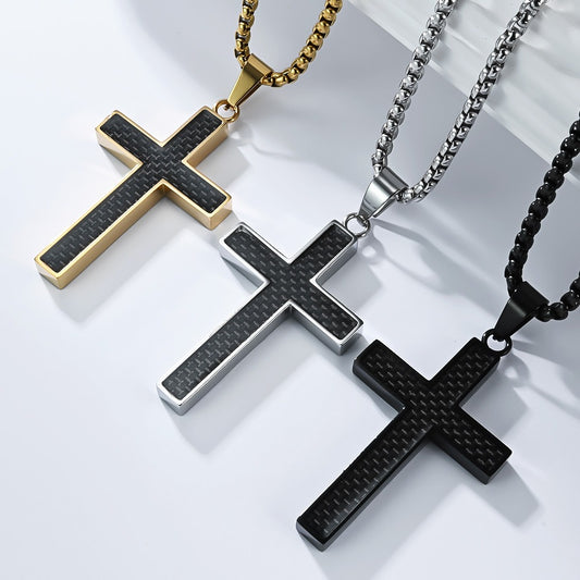 Kemstone Stainless Steel Cross Necklace for Men – Carbon Fiber Inlay Pendant K-PT666