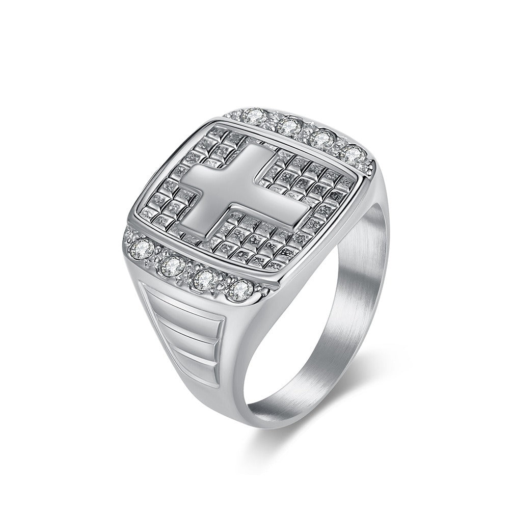 Kemstone Men’s Stainless Steel Cross Ring – CZ Inlaid Signet Jewelry K-R1078