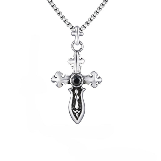 Kemstone Men’s Stainless Steel Cross Sword Pendant Necklace – Black Zircon PN-2248