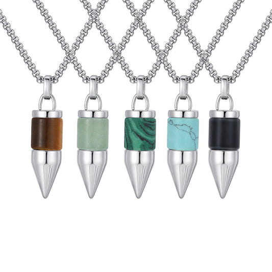Kemstone Stainless Steel Cylinder Pendant Necklace – Stone Inlay Style for Men PN-2228