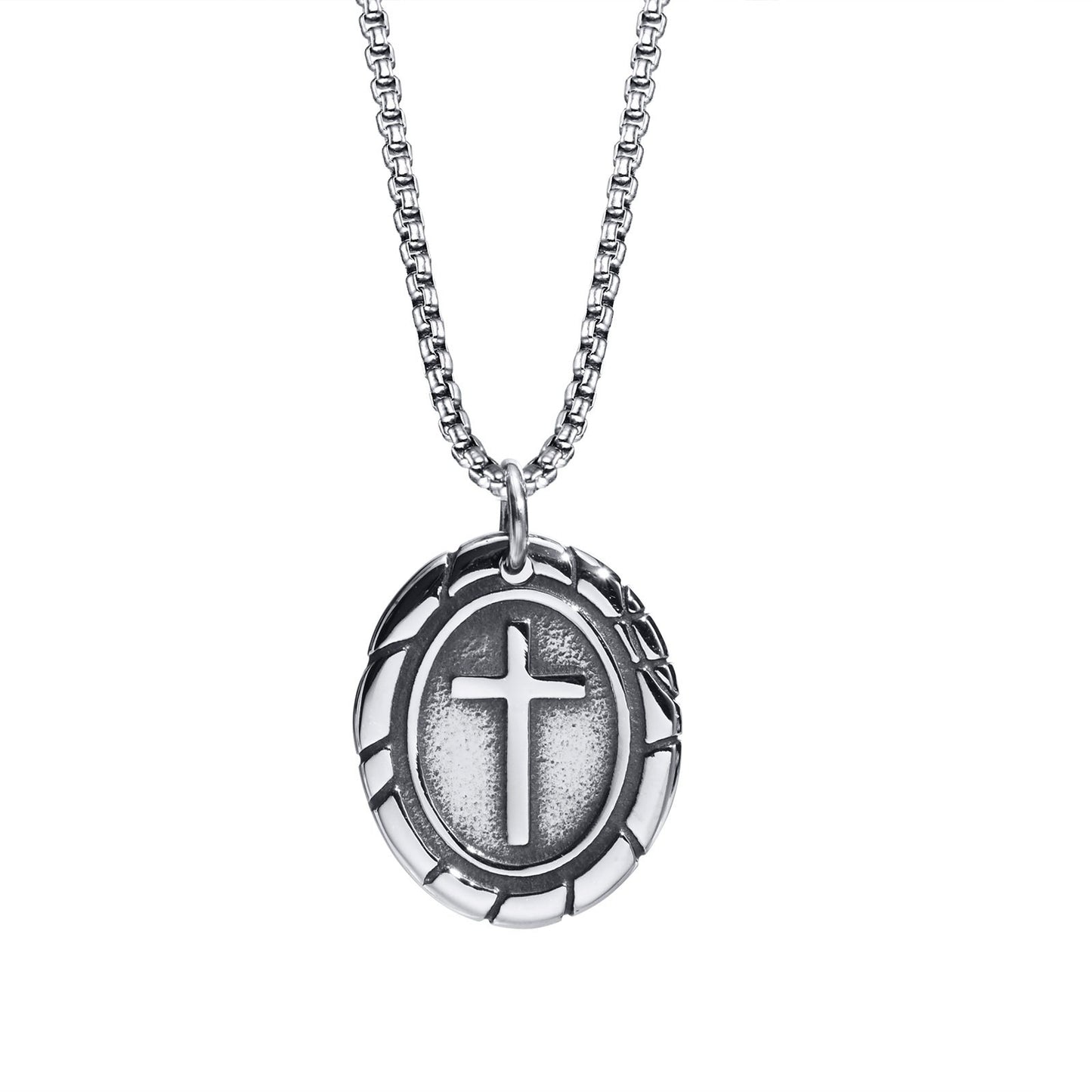 Kemstone Stainless Steel Double-Sided Cross Oval Pendant Necklace for Men PN-1808