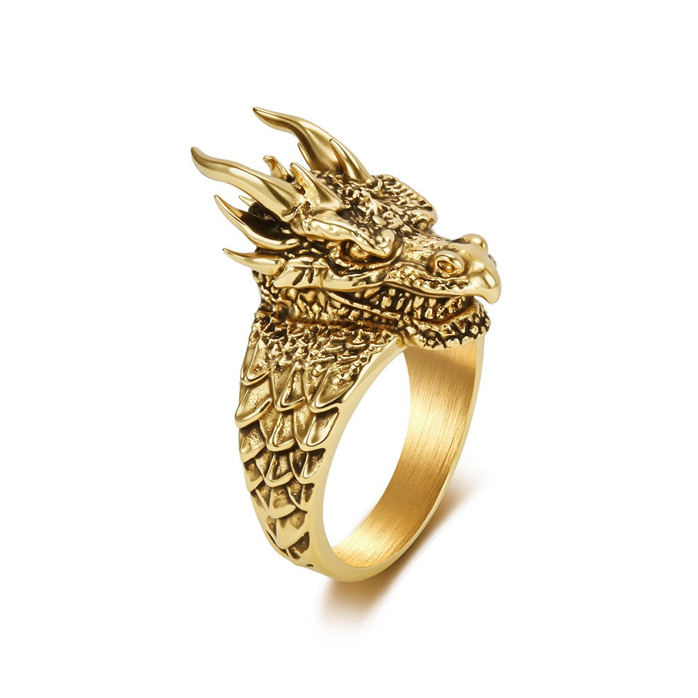 Kemstone Stainless Steel Dragon Head Ring – Gothic Vintage Style for Men K-R1150