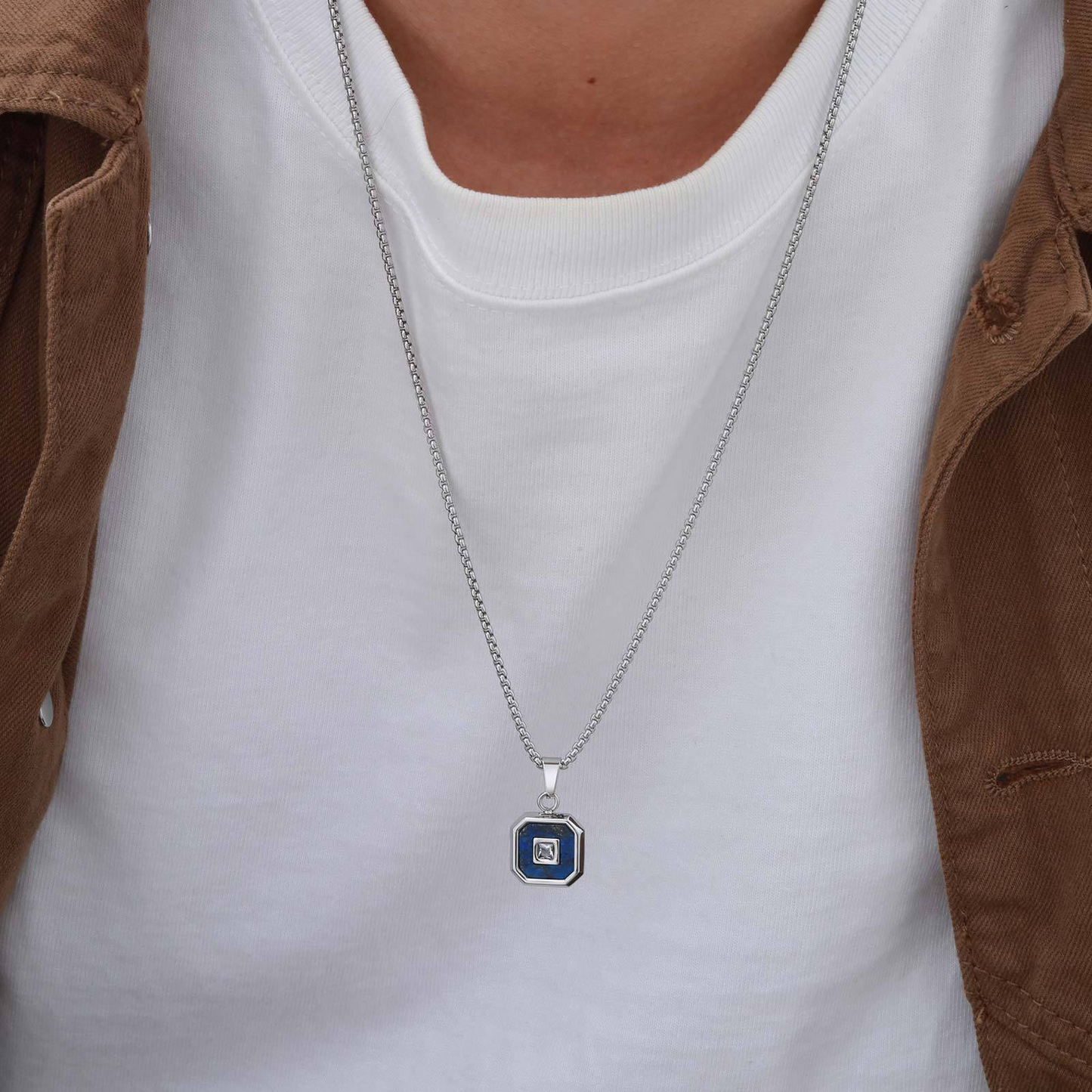 Kemstone Men’s Stainless Steel Lapis Lazuli Cubic Zirconia Pendant Necklace – Gold Silver Black PN-2074