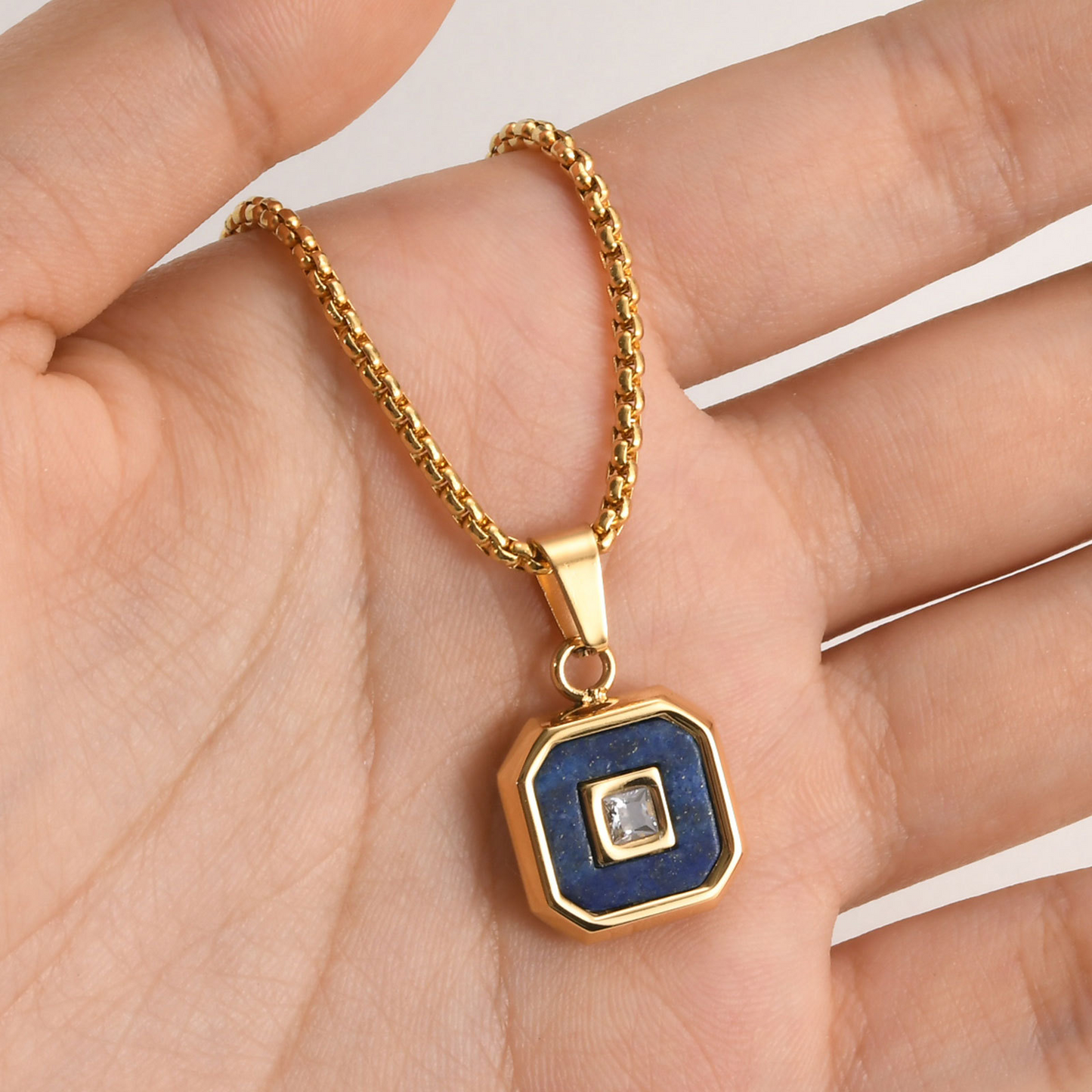 Kemstone Men’s Stainless Steel Lapis Lazuli Cubic Zirconia Pendant Necklace – Gold Silver Black PN-2074