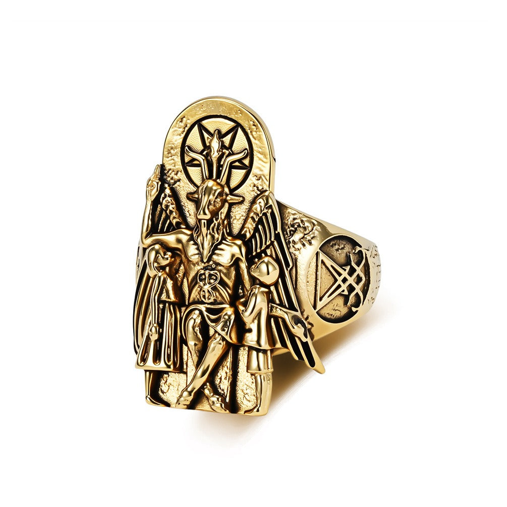 Kemstone Stainless Steel Goat Head Signet Ring – Gothic Vintage Style for Men K-R1154