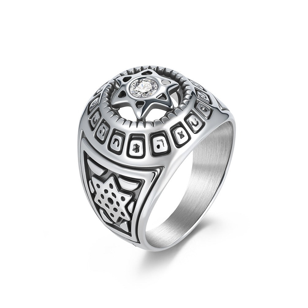 Kemstone Men’s Stainless Steel Hexagram Ring – Six-Pointed Star Zircon Jewelry K-R1091