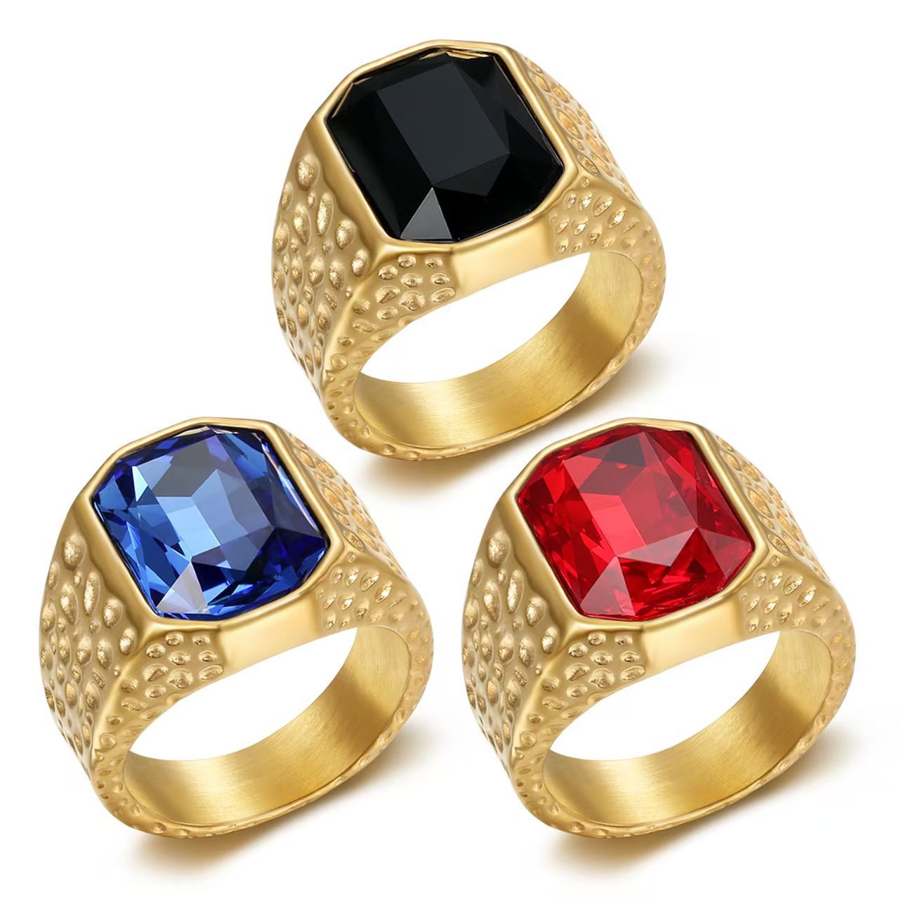 Kemstone Men’s Stainless Steel Hip Hop Ring – Gold Crystal Band TR0505