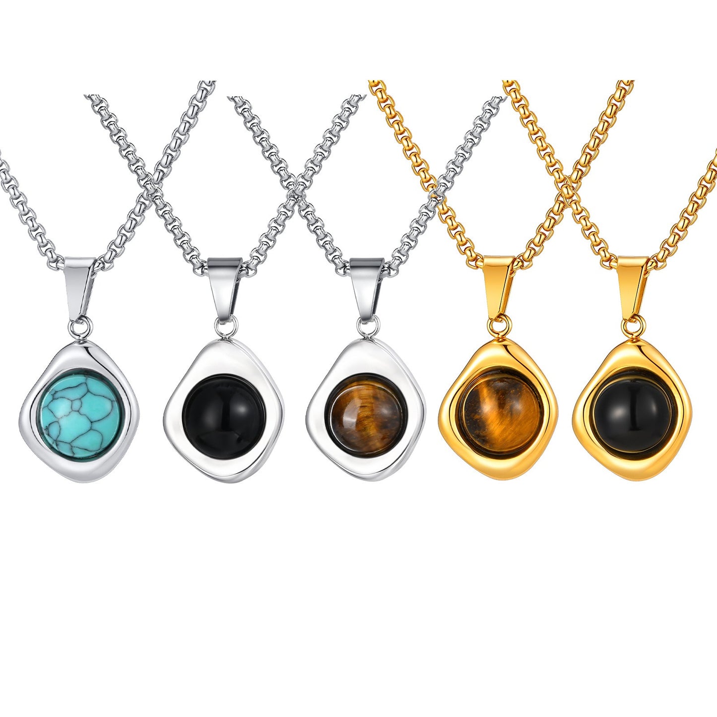 Kemstone Men’s Stainless Steel Necklace – Irregular Natural Stone Pendant Tiger Eye / Onyx / Turquoise PN-2189