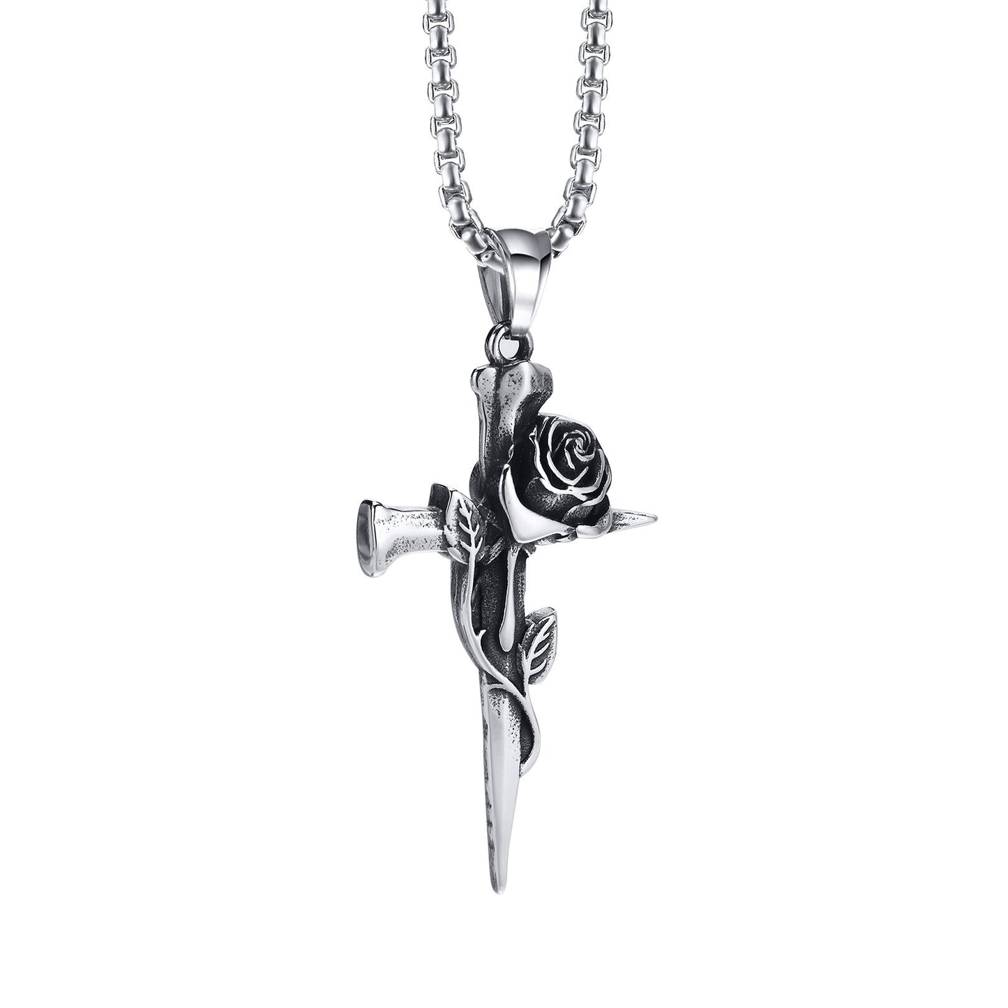 Kemstone Men’s Stainless Steel Necklace – Rose Cross Gothic Pendant PN-1870