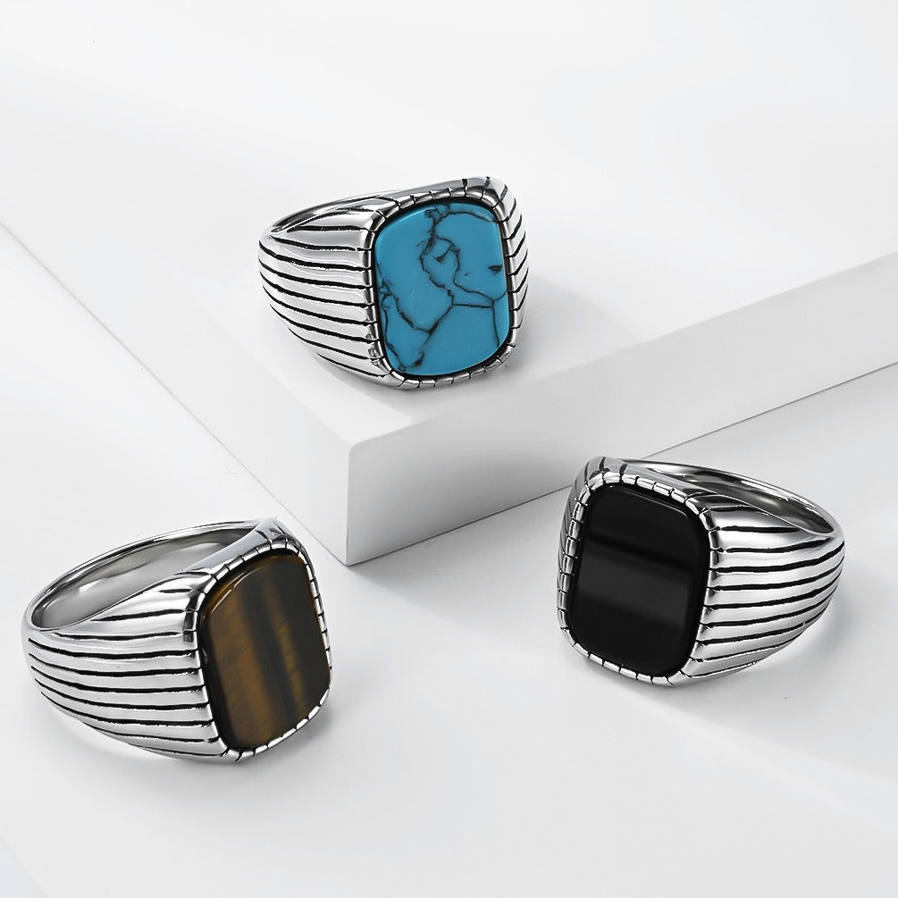 Kemstone Stainless Steel Tiger Eye & Turquoise Signet Ring for Men Square Stone K-R1174