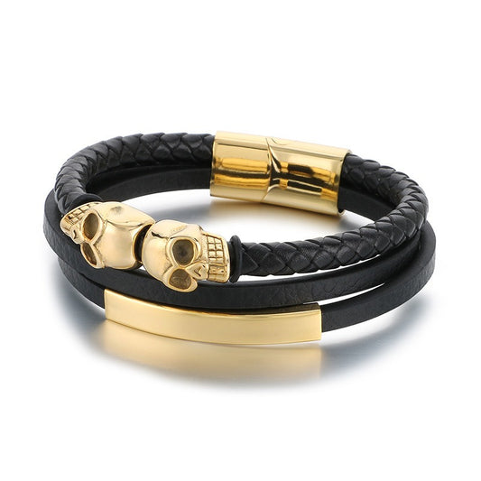 Kemstone Men’s Skull Leather Bracelet – Stainless Steel Punk Biker Jewelry KB180009