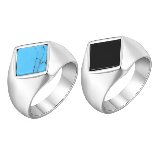 Kemstone Stainless Steel Square Signet Ring – Turquoise & Black Onyx Inlay for Men RC-967