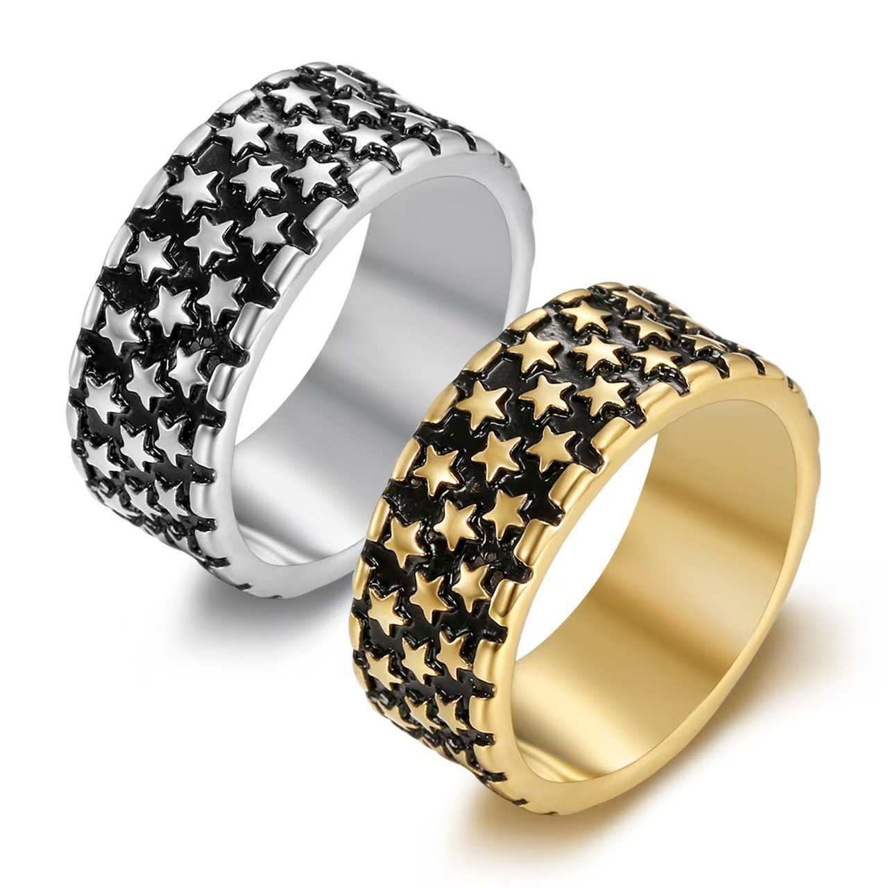 Kemstone Stainless Steel Star Ring for Men – Punk Style 10mm Wide Ring Gold/Silver TR0457