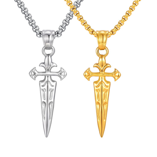 Kemstone Stainless Steel Sword Cross Pendant Necklace – Gold Silver for Men PN-2241