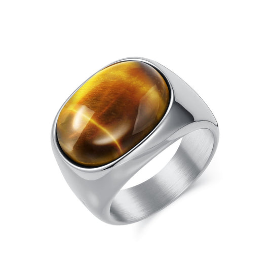 Kemstone Men’s Stainless Steel Tiger Eye Ring – Vintage Oval Gemstone Band K-R1030