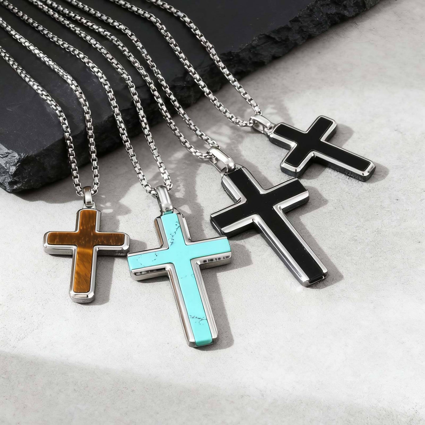 Kemstone Stainless Steel Cross Pendant Necklace – Tiger Eye & Turquoise Inlay for Men PN-2224