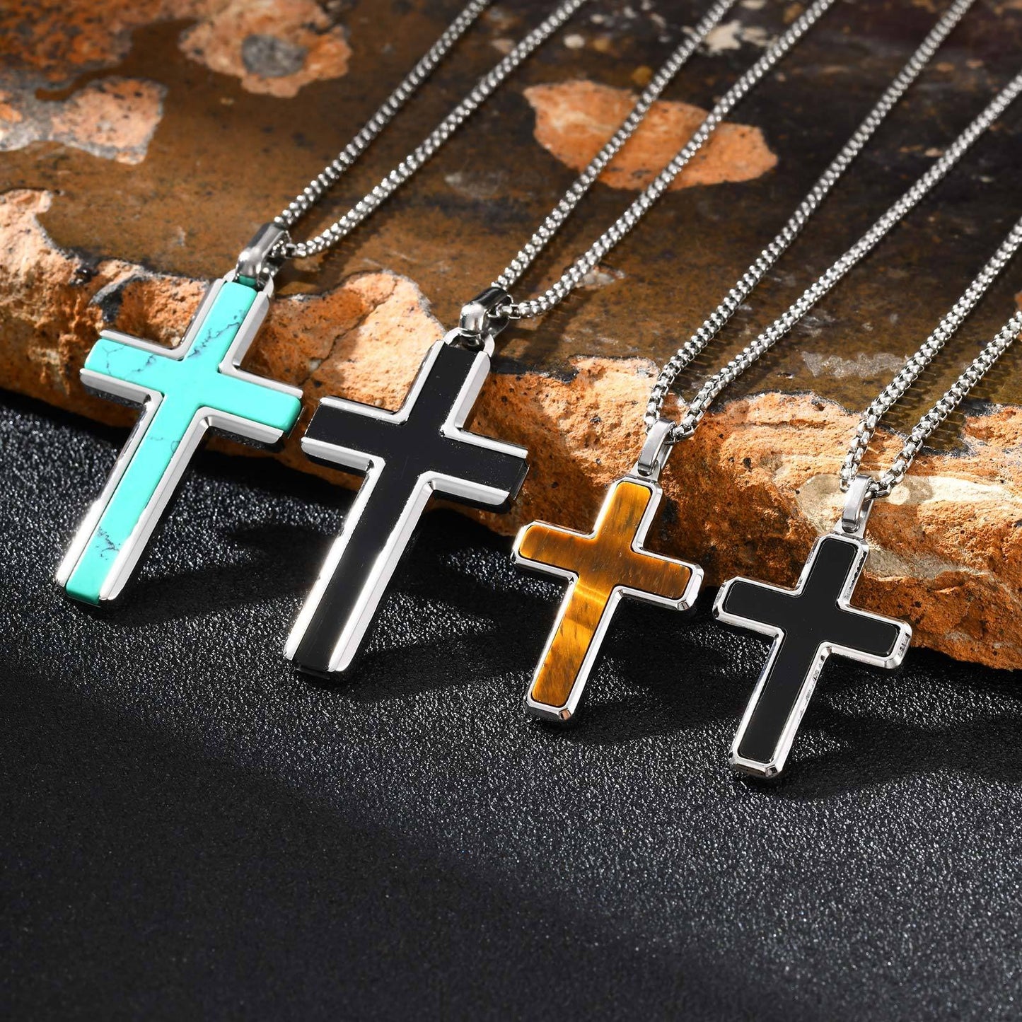 Kemstone Stainless Steel Cross Pendant Necklace – Tiger Eye & Turquoise Inlay for Men PN-2224