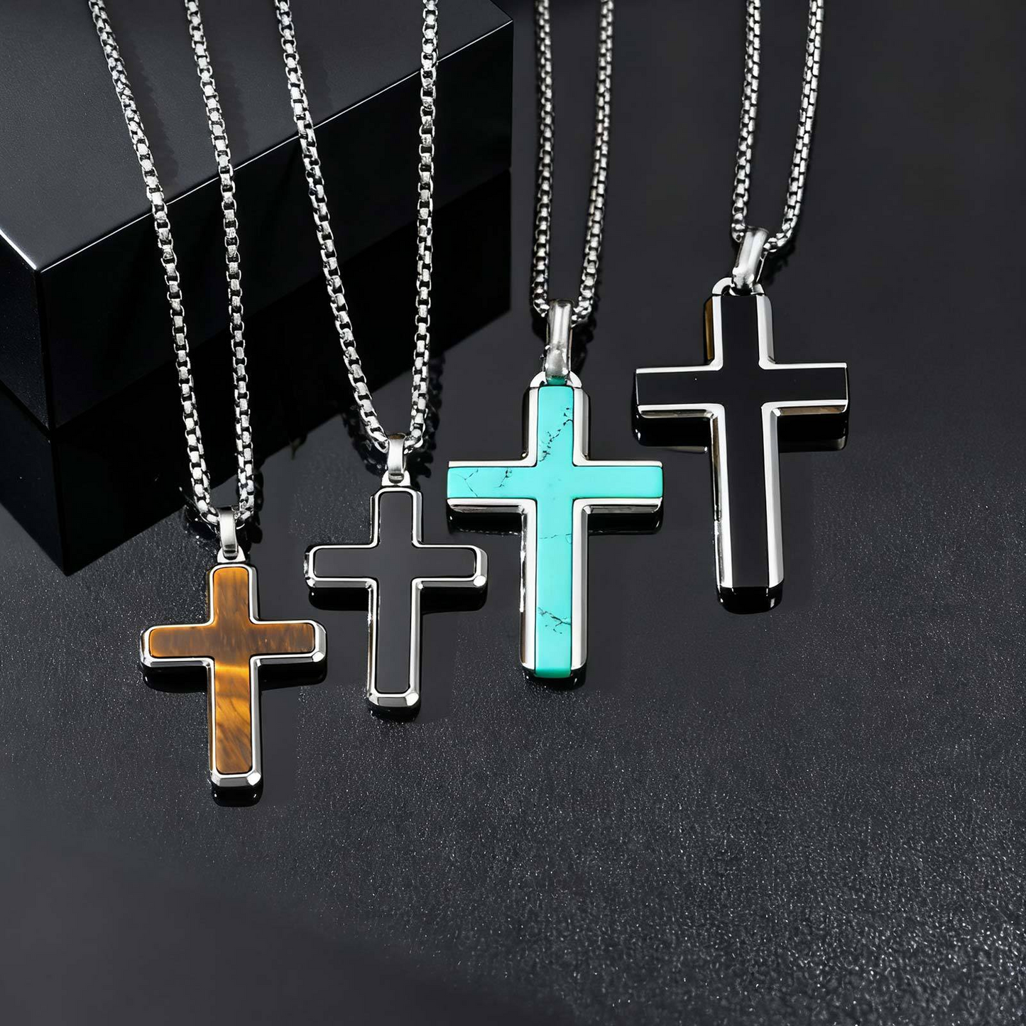 Kemstone Stainless Steel Cross Pendant Necklace – Tiger Eye & Turquoise Inlay for Men PN-2224
