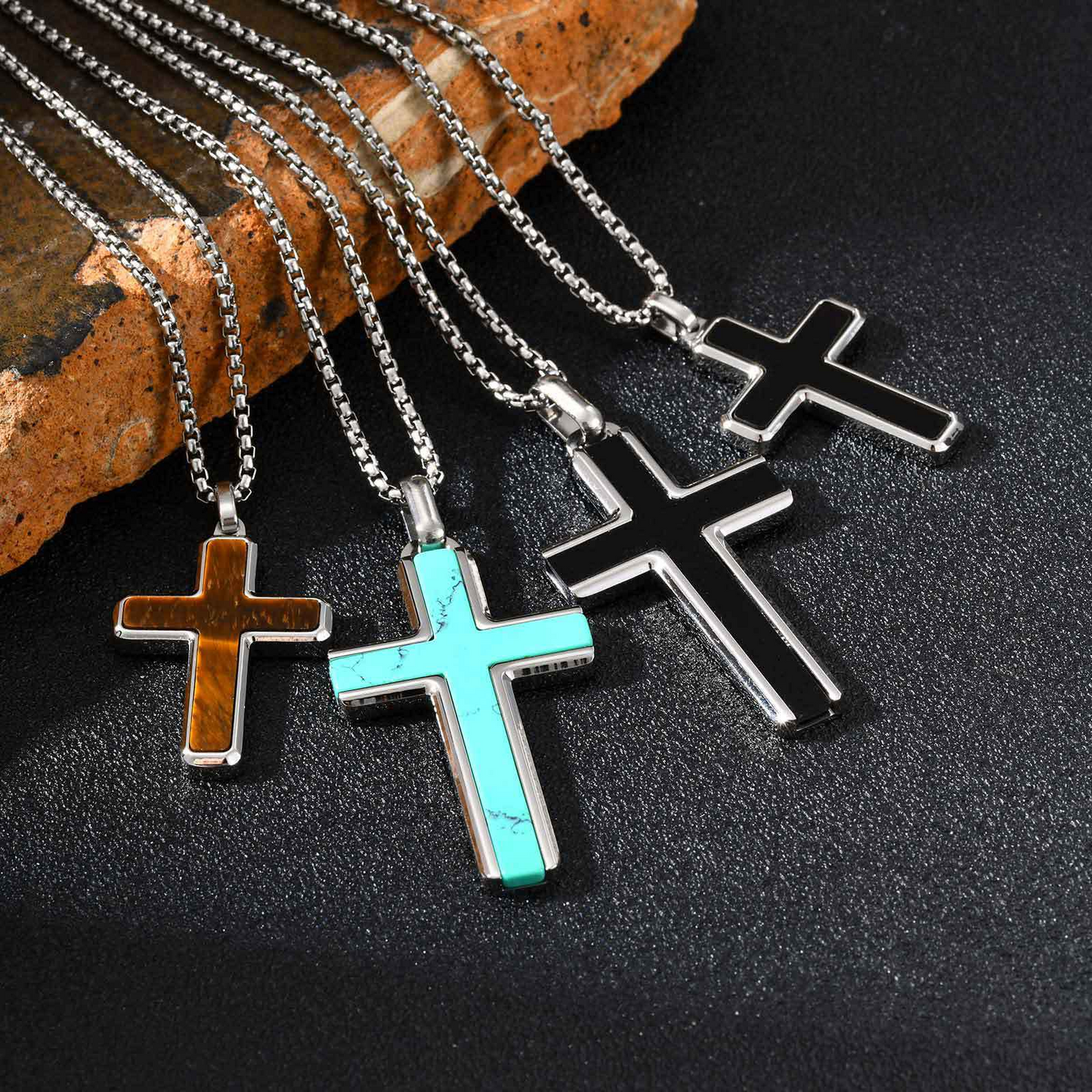 Kemstone Stainless Steel Cross Pendant Necklace – Tiger Eye & Turquoise Inlay for Men PN-2224