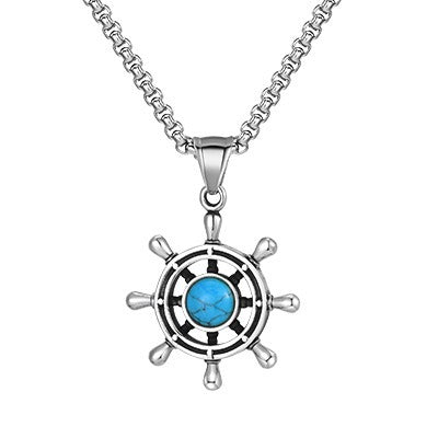 Kemstone Men’s Turquoise Pendant Necklace – Stainless Steel Ship Wheel Pendant PN-2234