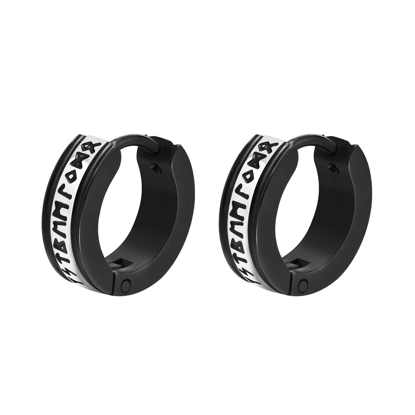 Kemstone Stainless Steel Viking Rune Hoop Earrings – Black IP Engraved Huggie for Men EH-536SB
